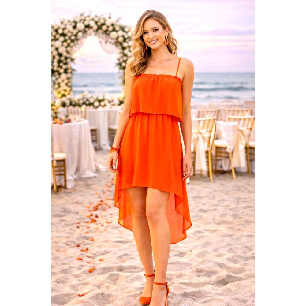 Bebe Square Neck High Low Chiffon Sleeveless Dress Orange L
